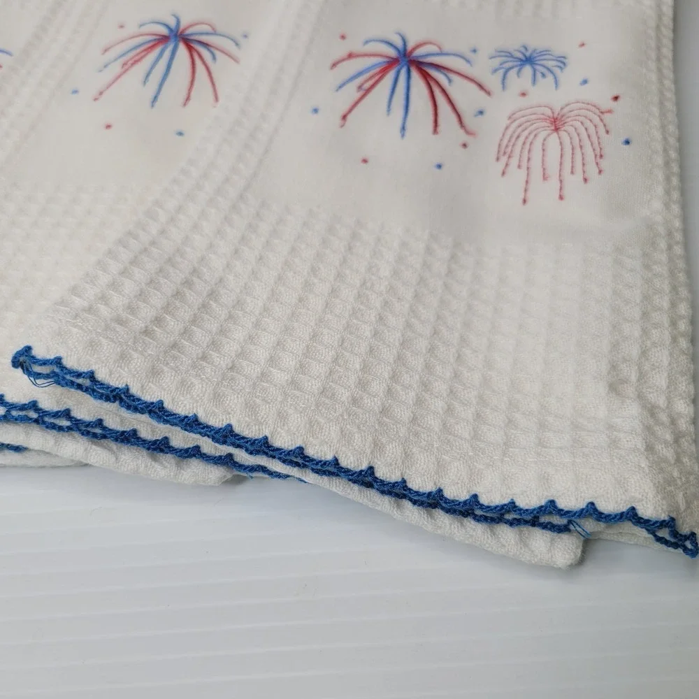TAG Brand Dish‎ Towel Embroidered Fireworks USA Patriotic Design White NEW RARE